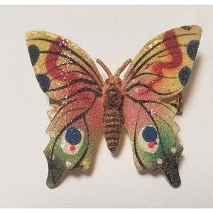 Vintage Korea Painted Flocked Stamped Metal Small  Butterfly Brooch